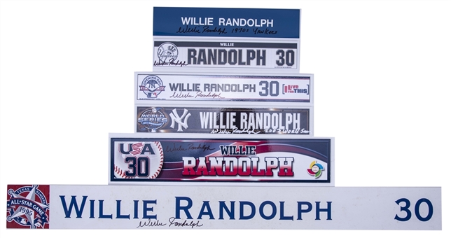 Lot of (6) Willie Randolph Game Used & Signed Locker Room Nameplates With Rookie Season & World Series (Randolph LOA)